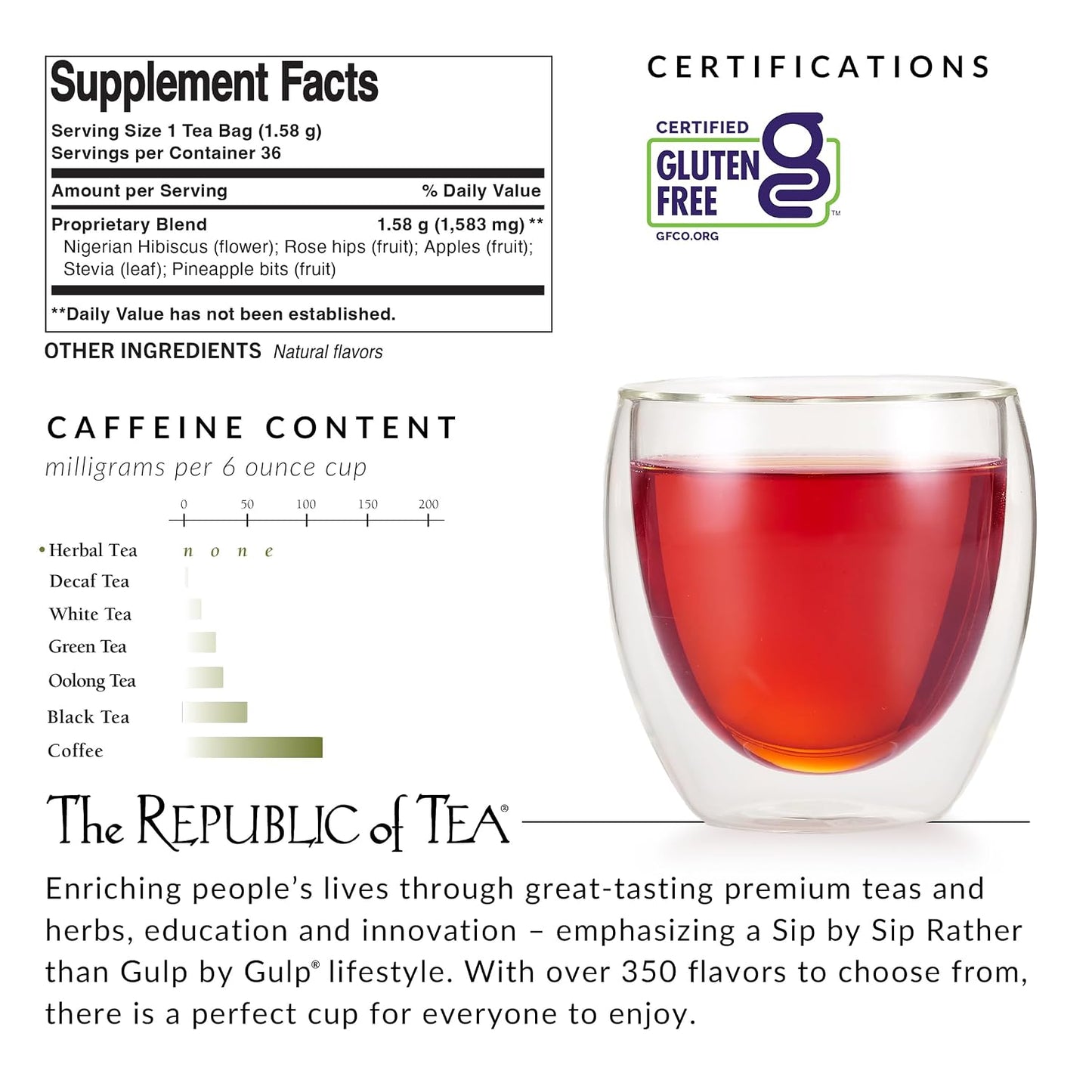 The Republic of Tea Pineapple Lychee Hibiscus Herbal Tea, 36 Count | Caffeine Free. Suitable for day or evening sipping. Bright and tart with notes of juicy fruit. Gluten Free and Carb Free.