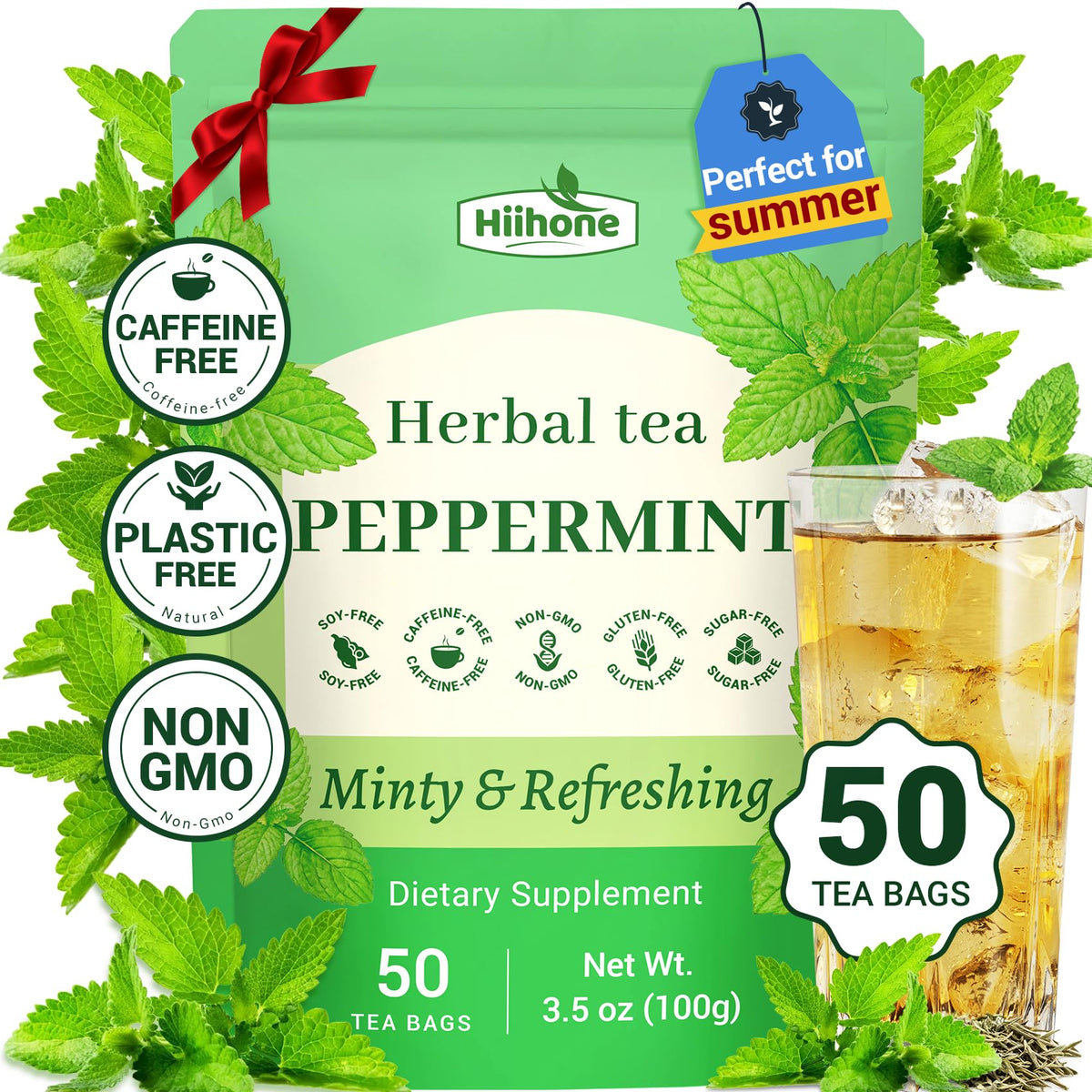 HIIHONE Peppermint Tea Bags 50 Count – Caffeine-Free Mint Tea, Refreshing Mint Tea