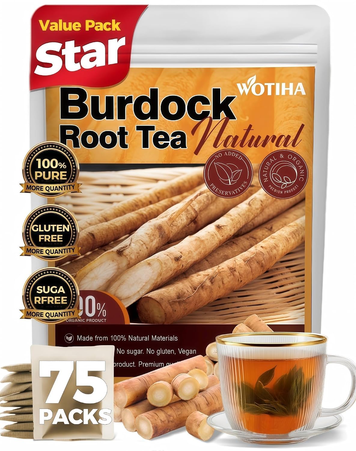 WOTIHA 75 Count Premium Burdock Root Tea Bags - 100% Natural, Supports Liver Health &amp; Detox, Eases Digestion, Non-GMO Caffeine-Free, Additive-Free, Sugar-Free, Vegan.