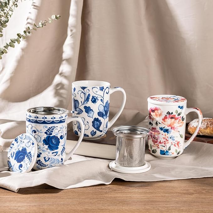 Gbhome Tea Mug with Infuser and Lid, 18 Ounce Large Ceramic Loose Leaf Cup, Microwave, Dishwasher Safe, Perfect For Tea Lovers