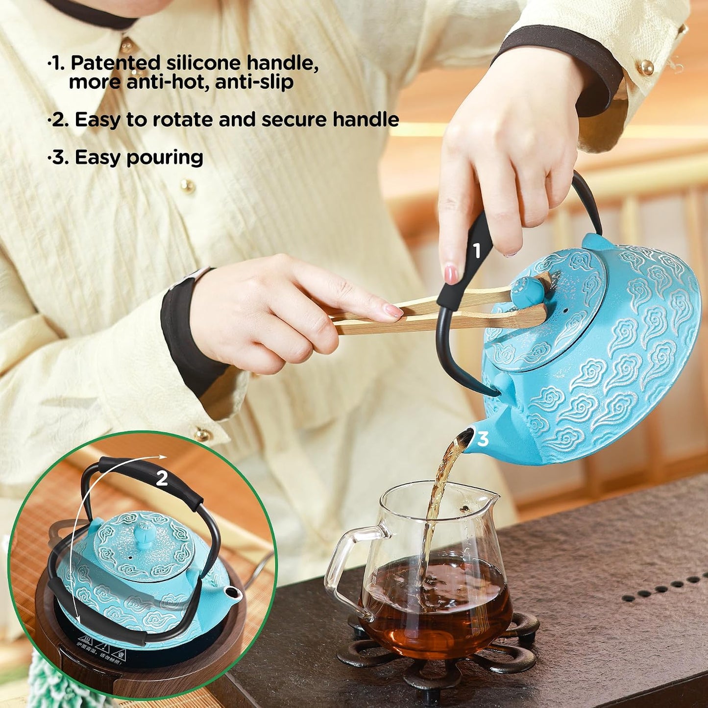 Cast Iron Teapot, Japanese Tea Pot with Infuser for Loose Leaf, Tea Kettle Stovetop Safe, Enamel Coated Interior, 27 oz (800 ml), Clouds Pattern Sky-Blue