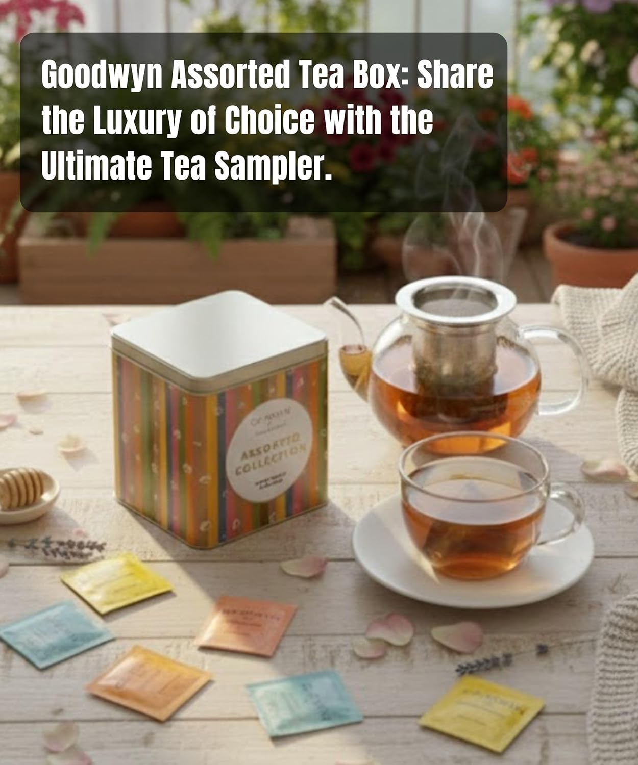 Goodwyn Assorted Tea Sampler Box – 20 Individually Wrapped Tea Bags | Premium Herbal, Black & Green Tea Collection in Reusable Wooden Chest | 10 Flavors x 2 Each: Tulsi, Kahwa, Turmeric, Assam, Green Tea, Lemon & More | Ideal Gift Set Box