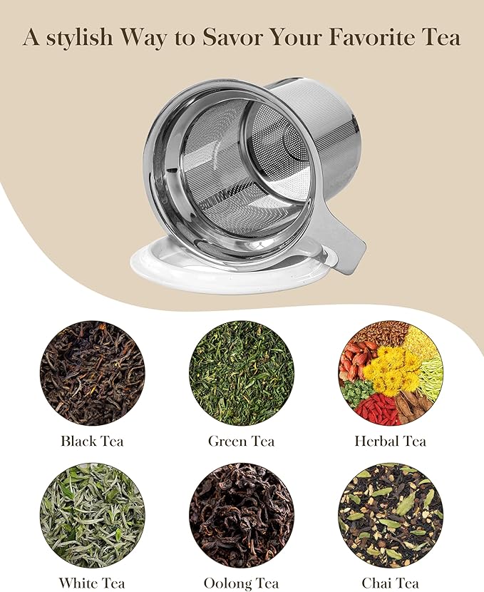Malacasa Ceramic Tea Mug with Lid and Stainless Steel Infuser, 18 oz Large Tea Cup for Loose Leaf Tea, Heat-Resistant, Microwave & Dishwasher Safe