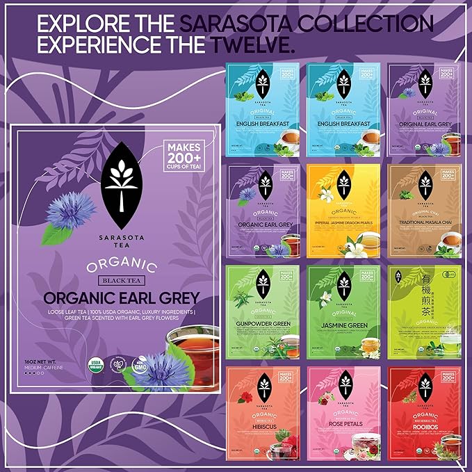 SARASOTA COFFEE & TEA CO. Sarasota Tea, Organic Earl Grey Tea, Premium Loose Leaf Black Tea, 16 Ounces (1lb)