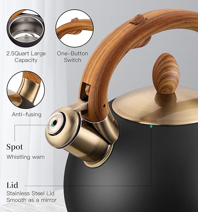 Tea Kettle & Tea Pot, 2.64 Quart Food Grade Stainless Steel Induction Whistling Tea Kettle for Stove Top Home Daily Use Teapot with Cool Touch