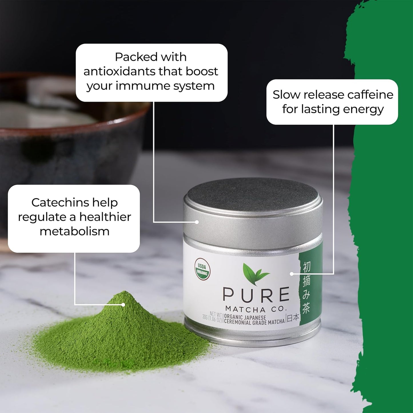 Pure Matcha Co | Premium Organic Ceremonial Grade Matcha Green Tea Powder | Authentic Japanese Origin | Sugar Free | 30g, 1.06oz
