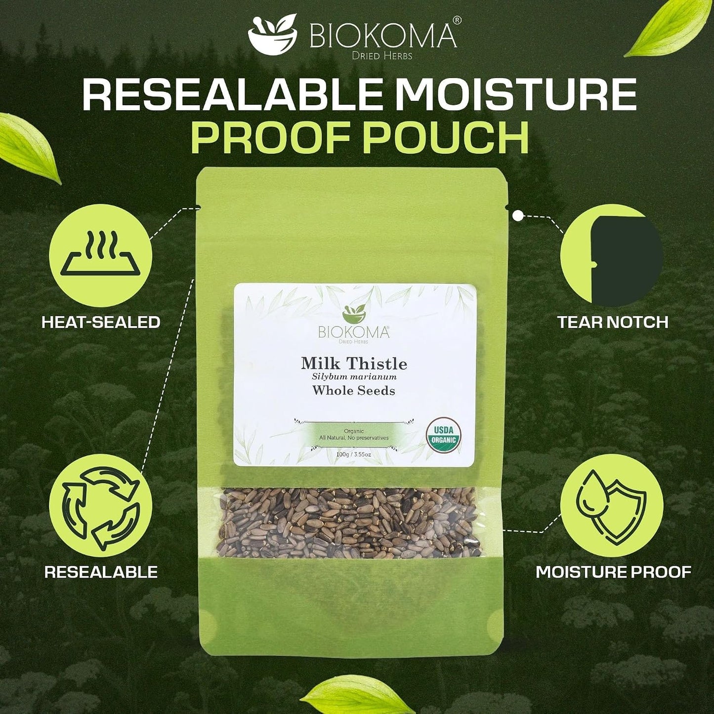 Biokoma Organic Milk Thistle Seeds 3.55 oz, Silybum Marianum for Milk Thistle Tea, USDA Organic Herbal Tea, Loose Whole Seeds in Resealable Moisture Proof Pouch, Non GMO, No Additives, Kosher