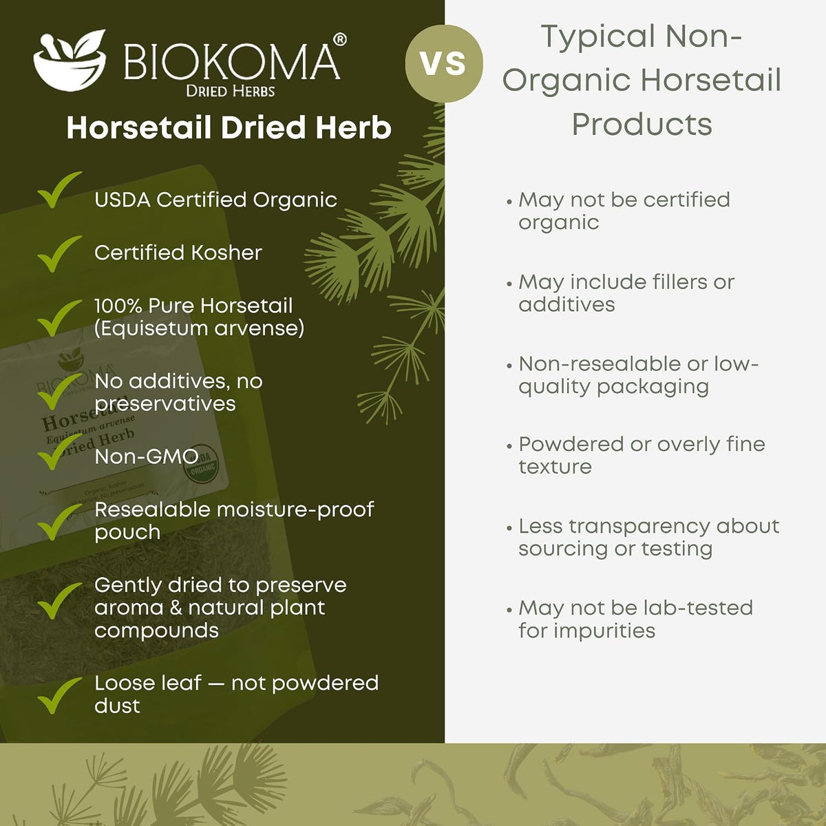 Biokoma Organic Horsetail Herb Tea 50g (Shavegrass) – Supports Healthy Hair, Skin and Nails – USDA Certified Organic Loose Dried Leaves in Resealable Pouch, No Additives, Kosher