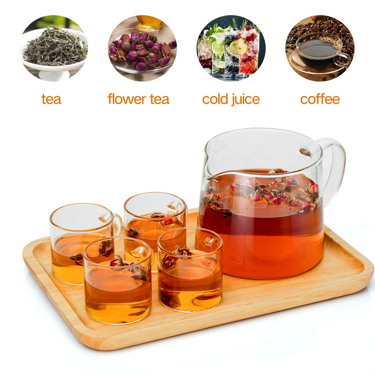 YMMIND Glass Teapot 34oz/1000ml with 4 Pack Tea Cups Gift Set, Removable Stainless Steel Infuser Tea pot, Heatproof