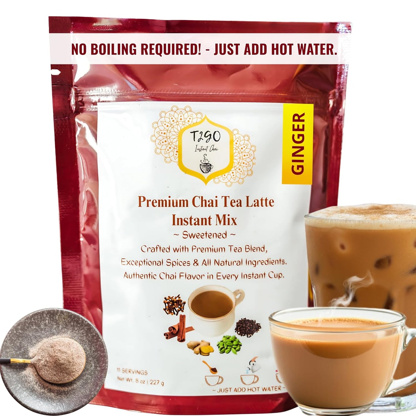 T2GO Instant Ginger Chai Tea Latte Powder – Just Add Water, 8 oz | Bold adrak ginger masala chai — real milk &amp; spices built in, ready in seconds