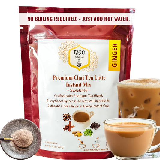 T2GO Instant Ginger Chai Tea Latte Powder – Just Add Water, 8 oz | Bold adrak ginger masala chai — real milk &amp; spices built in, ready in seconds