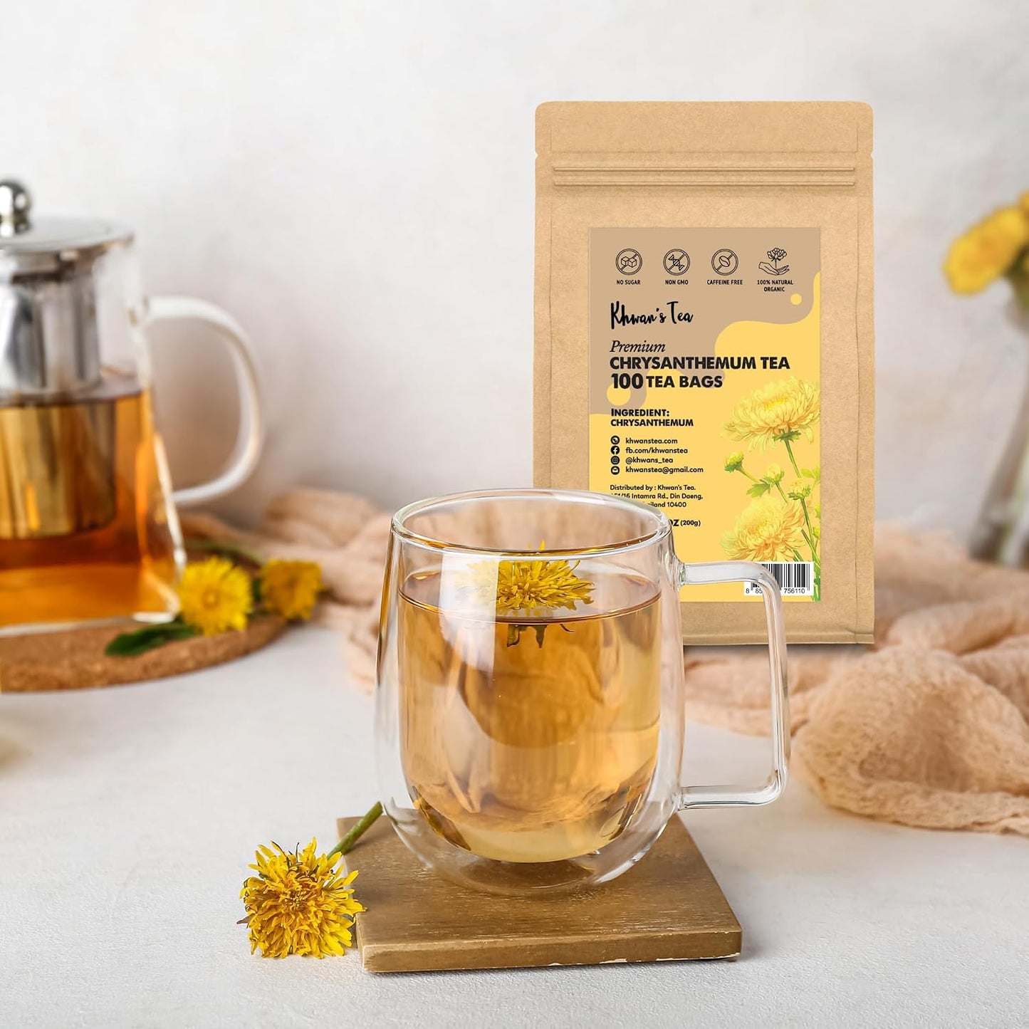 KHWAN'S TEA Organic Chrysanthemum Tea Bags, Caffeine-Free, 100 Count | Organic chrysanthemum tea bags, dried chrysanthemum flower tea, Thai sun-dried whole flowers, USDA Organic, caffeine-free