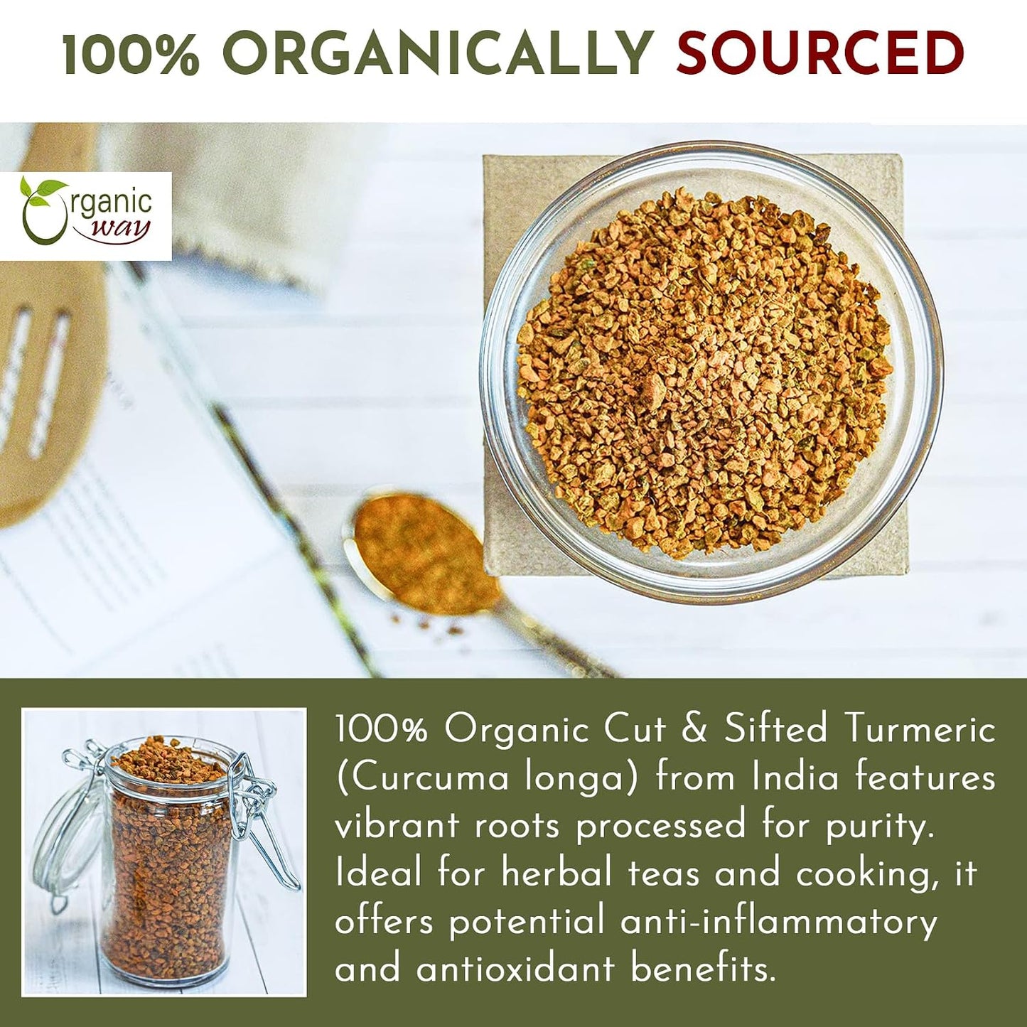 Organic Way Turmeric/Haldi Root Cut &amp; Sifted - Herbal Tea (16 Ounce) | Curcuma Longa botanical herb, USDA Organic and Kosher Certified; raw, vegan, Non-GMO, and gluten-free.