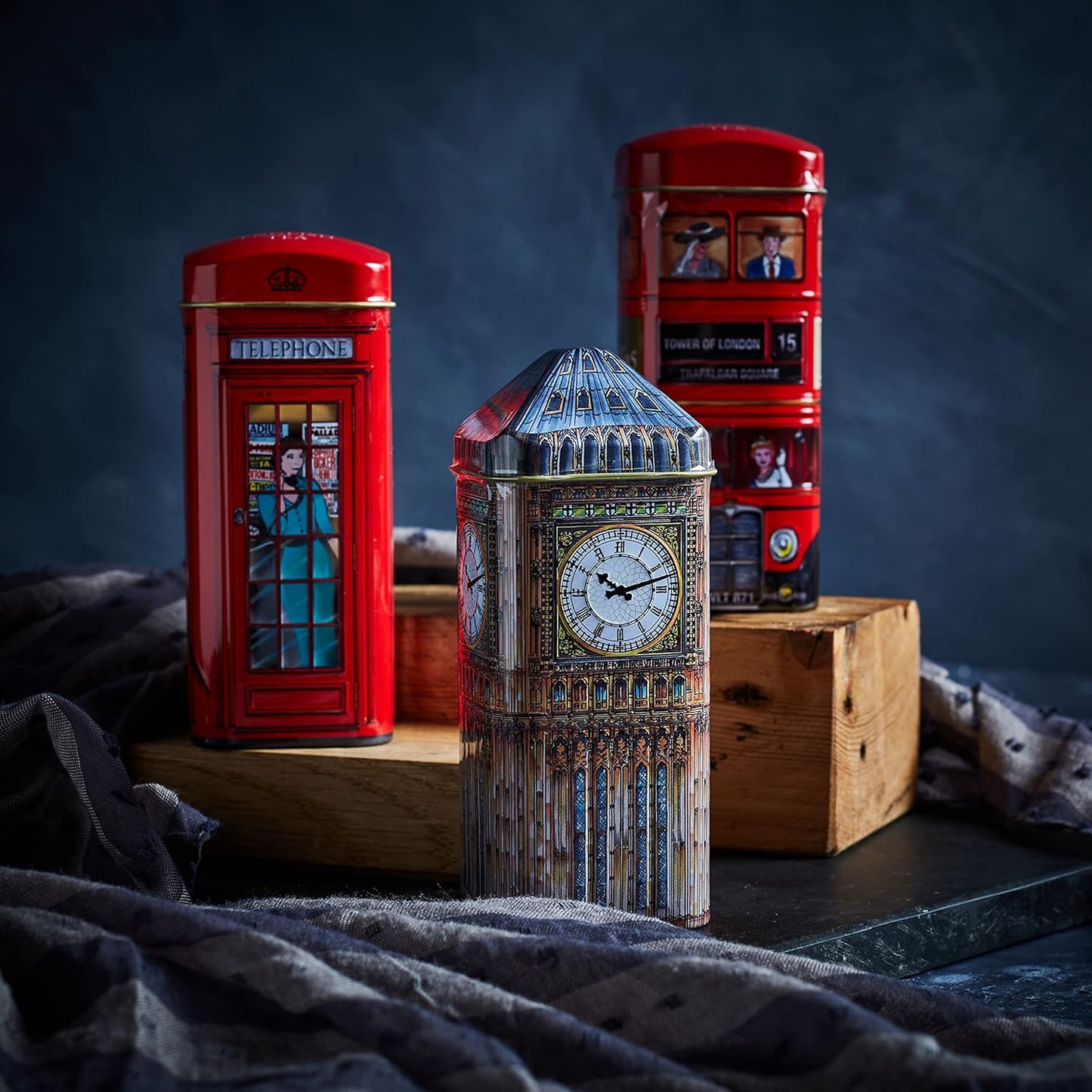 British Heritage 3x Tea Tins with 42 English Teabags (Big Ben, Red London Bus, Telephone Box)