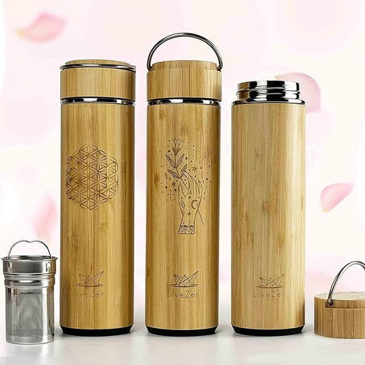 18oz Insulated Bamboo Tea Infuser Bottle for Loose Leaf Tea - Extra Fine Mesh Tea Steeper Basket Infuser with Chain Hook for Teapot Mug Cup