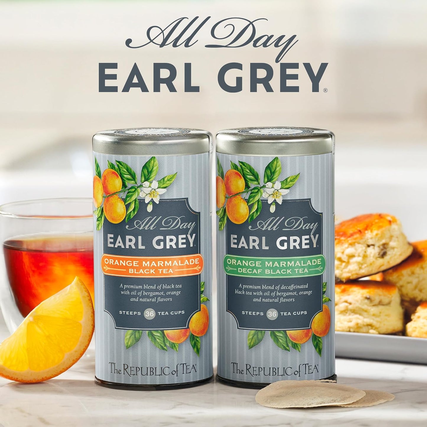 The Republic of Tea Decaf Orange Marmalade Black Tea, 36 Count | Decaffeinated. All Day Earl Grey collection. Notes of bright bergamot and lively citrus. Gluten Free.