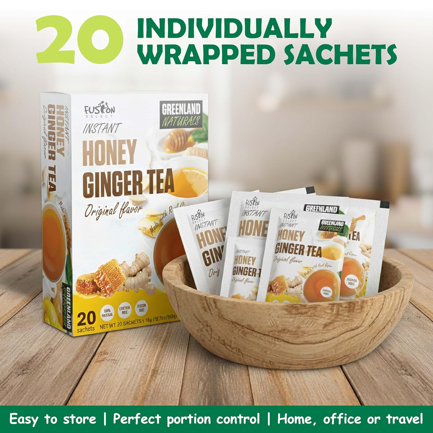 Fusion Select 20 Sachets Original Ginger Honey Crystals Packets - Crystallized Ginger Tea with Honey - Easy-to-Prepare Instant Drink Mix - Natural Ingredients with No Caffeine