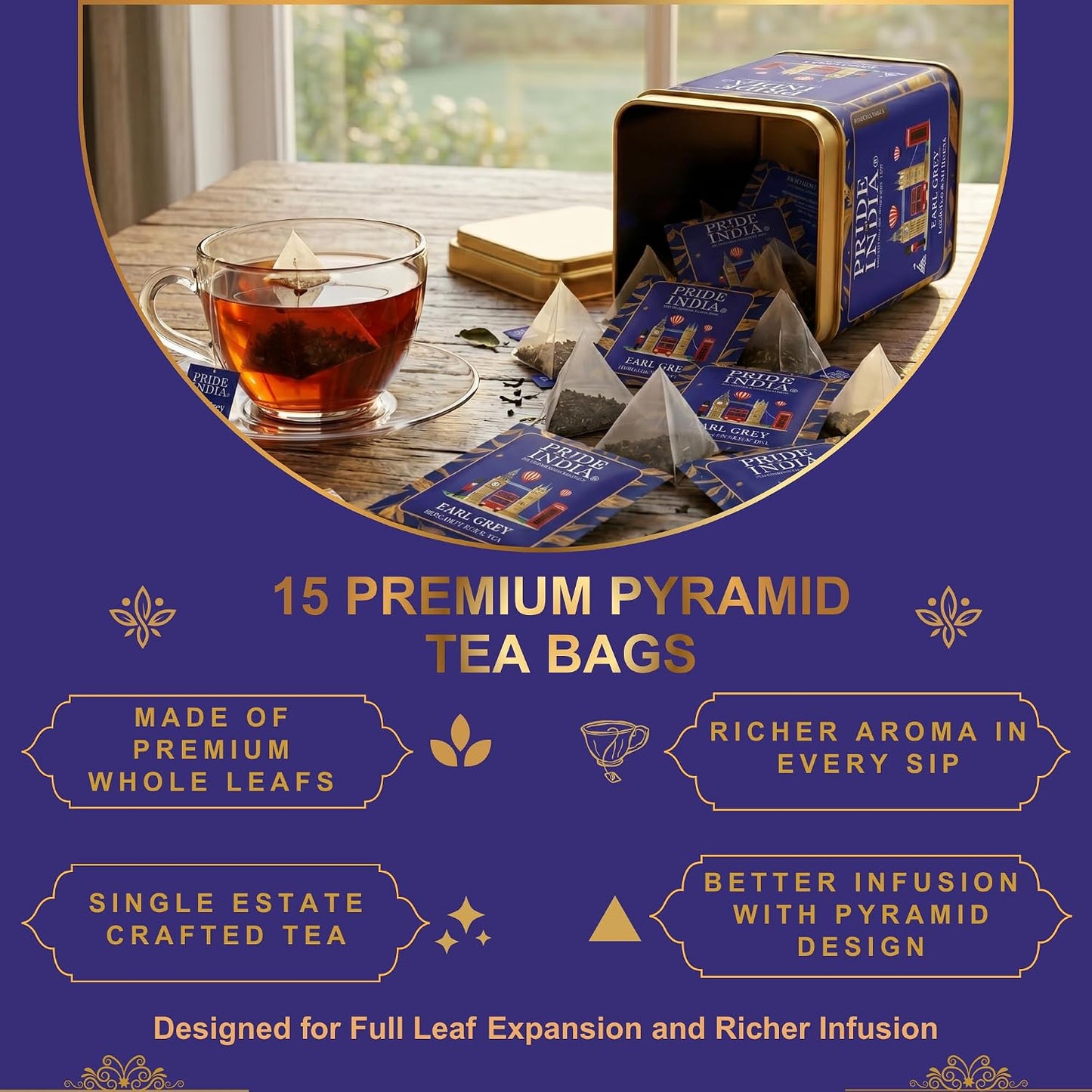 Pride of India Earl Grey Bergamot Black Tea - 30 Pyramid Tea Bags (2 PACK) | Individually Wrapped Full Leaf Assam Tea with Natural Bergamot Extract | Smooth Citrusy Malty Brew, Medium Caffeine