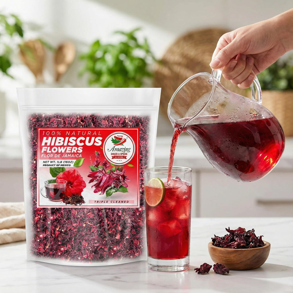 Amazing Chiles & Spices Hibiscus Flowers 1lb (16oz) – All Natural, Triple Cleaned - Whole Soft Flowers and Petals - Flor de
