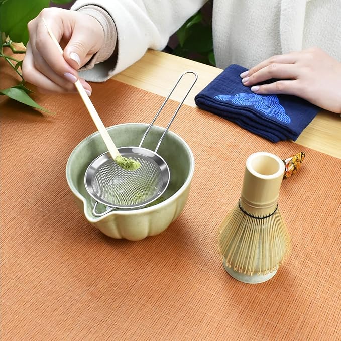 Artcome 7 Pcs Japanese Matcha Tea Set - Matcha Bowl with Pouring Spout, Matcha Whisk, Tea Scoop, Whisk Holder, Handmade Matcha Ceremony Kit For Japanese Tea Ceremony, Mottled Green