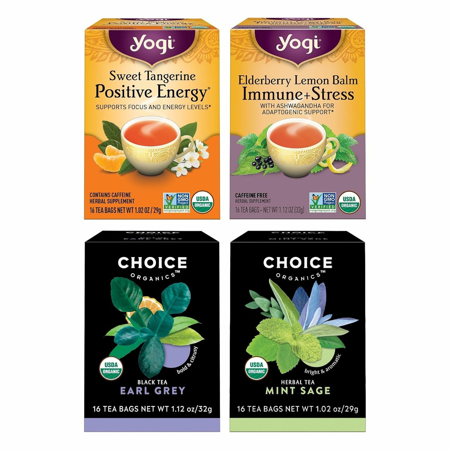 Yogi Tea & Choice Organics Variety Sampler - 16 Bags per Pack (4 Packs) - Tea Sampler Gift Box - Includes Yogi Sweet Tangerine Positive Energy