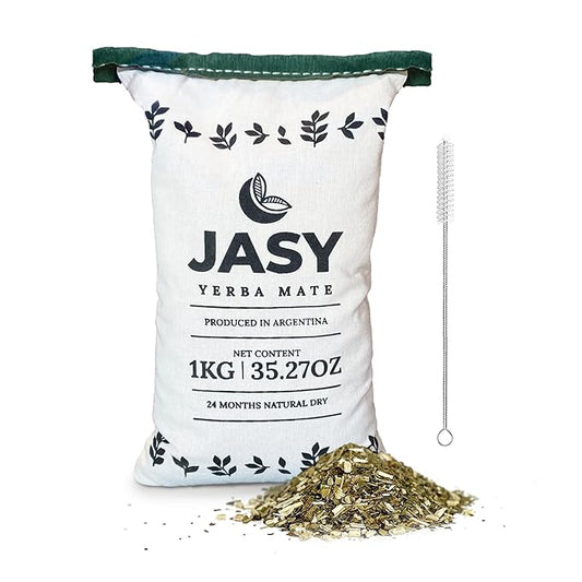 JASY Yerba Mate Tea – Agroecological, Loose Leaf, Naturally Aged 24 Months, Unsmoked, Gluten-Free, Vegan – 2.2 lb (35.27 oz) Cloth Bag + Bombilla Cleaning Brush