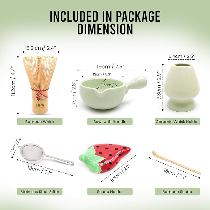 Happy Path & CO Matcha Whisk Set – 6 Pcs Matcha Tea Set Includes Bamboo Whisk(Chasen) & Holder,Bowl with Spout,Sifter,Scoop & Stand