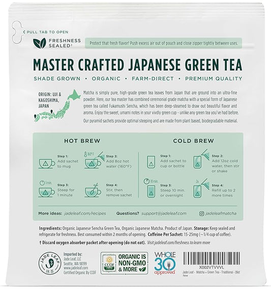 Jade Leaf Matcha Organic Matcha + Green Tea Bags - Traditional - Ceremonial Matcha + Whole Leaf Sencha - Authentic Japanese Origin (35 Pyramid Sachets)