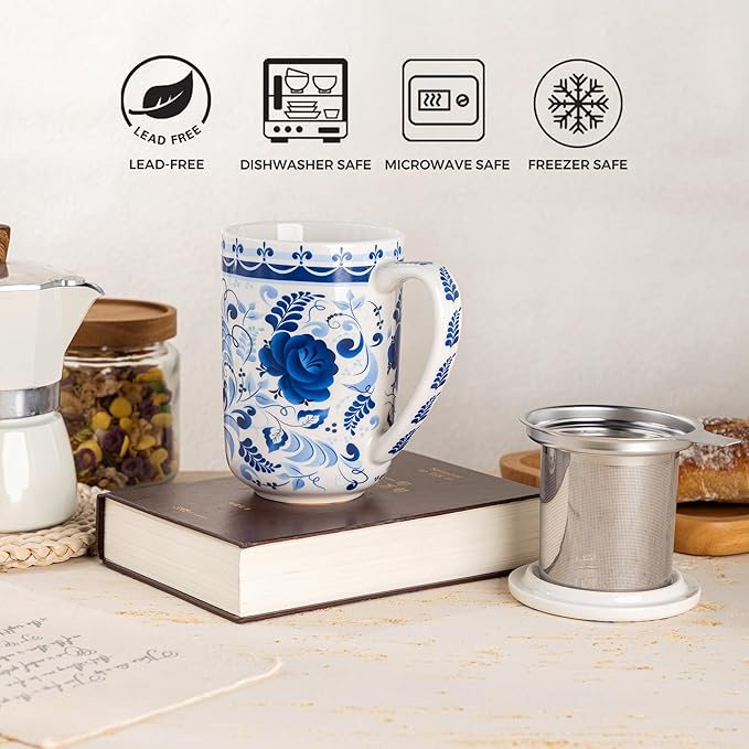 Gbhome Tea Mug with Infuser and Lid, 18 Ounce Large Ceramic Loose Leaf Cup, Microwave, Dishwasher Safe, Perfect For Tea Lovers