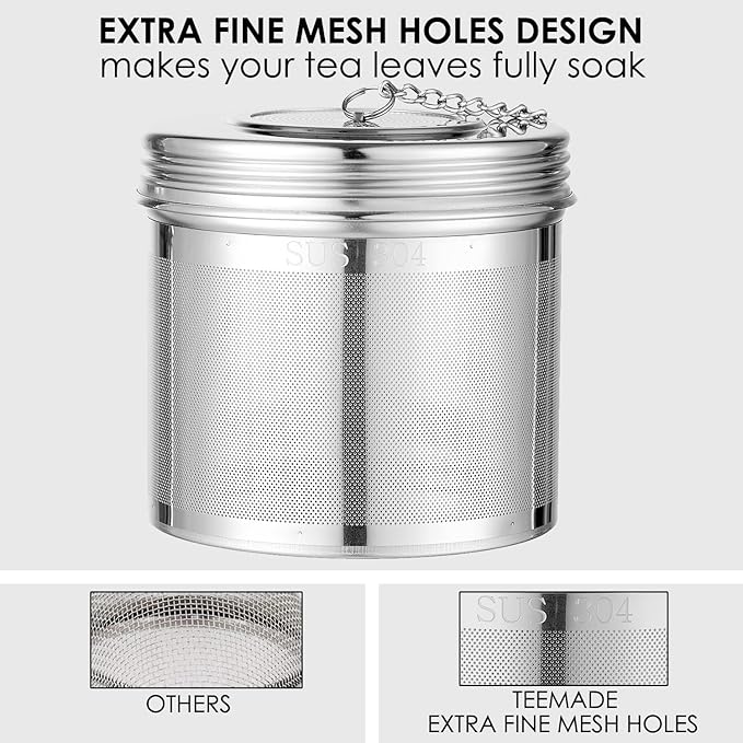 Extra Large Tea Infuser -304 Tea Filter with Threaded Lid & Chain Hook-Perfect for Loose Leaf Tea,Cooking,Herbs,Iced Tea & Soup - Extra Fine Mesh Tea Strainers