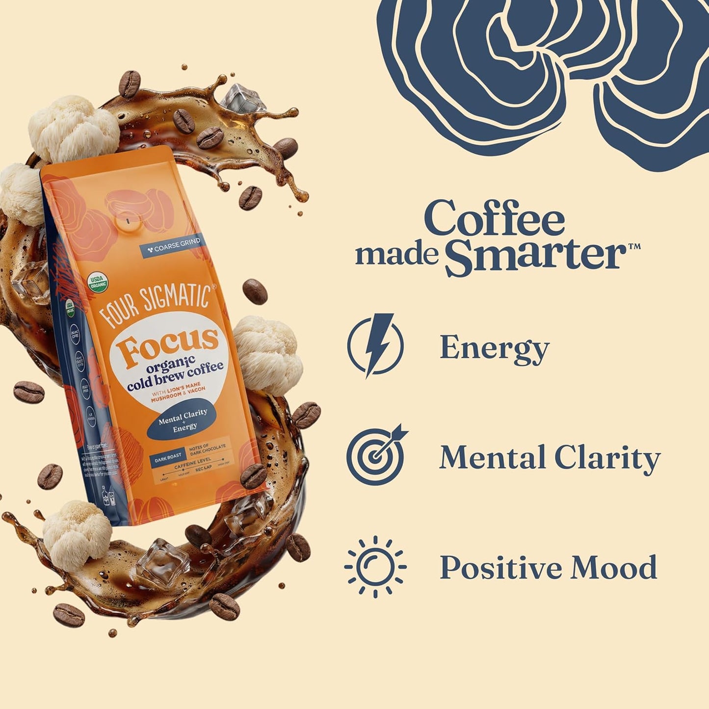 Four Sigmatic Organic Cold Brew Coffee Grounds | Dark Roast, Coarse Grounds with Lion's Mane and Chaga | Cold Brew Mushroom Coffee for Crash-Free Focus | 12 oz Bag
