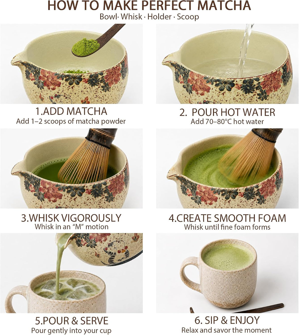 Matcha Set, 7-Piece Matcha Whisk Set with Bowl &amp; 100-Prong Whisk