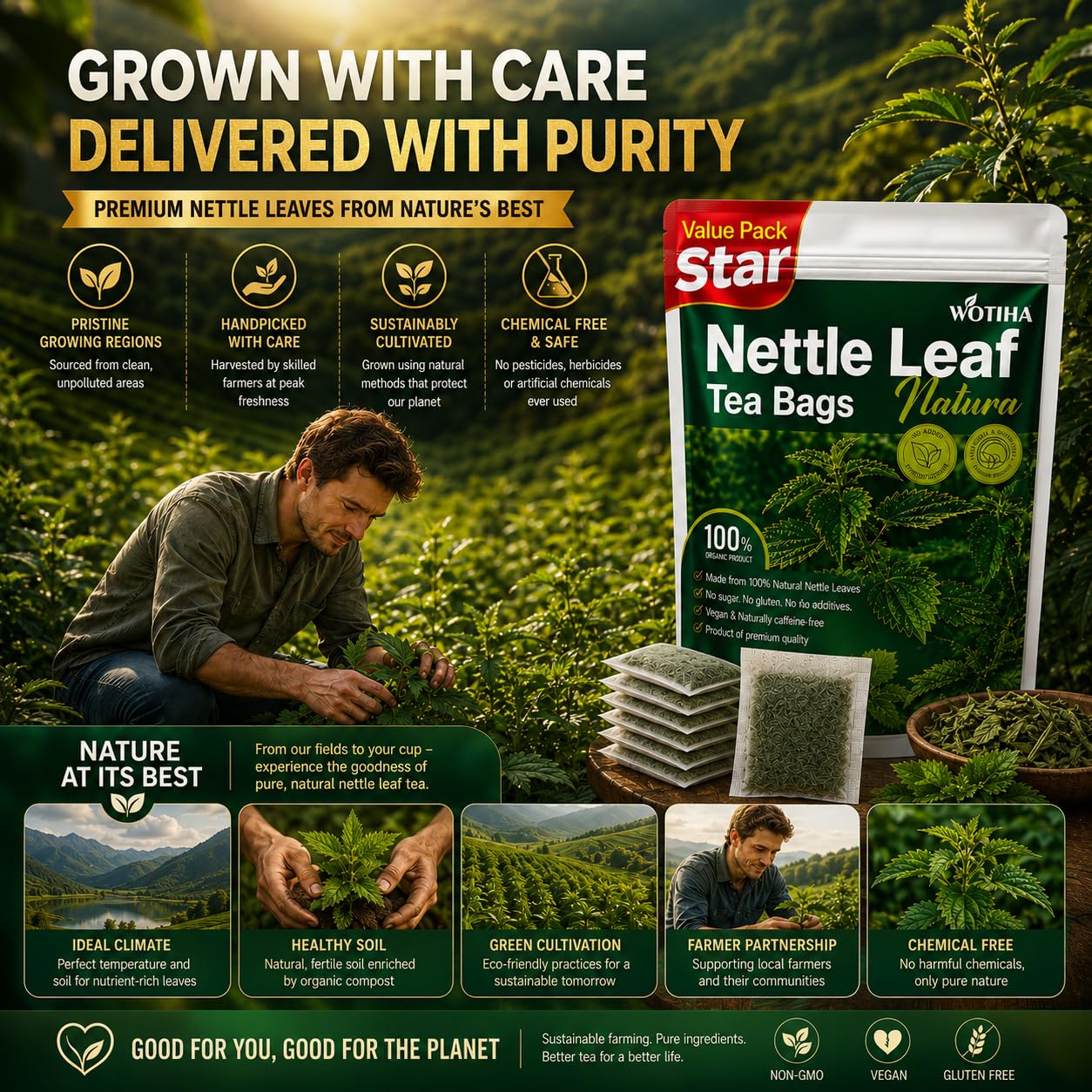 WOTIHA Premium Natural Nettle Leaf Tea Bags, 60 Count – 100% Pure Herbal Tea,Supports Kidney &amp; Joint Health Caffeine-Free, Non-GMO, Additive-Free, Gluten-Free