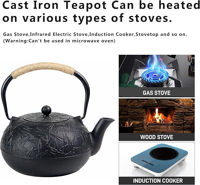60.9oz YJX Cast Iron Teapot, Japanese Tetsubin Tea Kettle for Stovetop Safe, Cast Iron Tea Pot with Infuser for Loose Leaf, Black Kettle Teapot