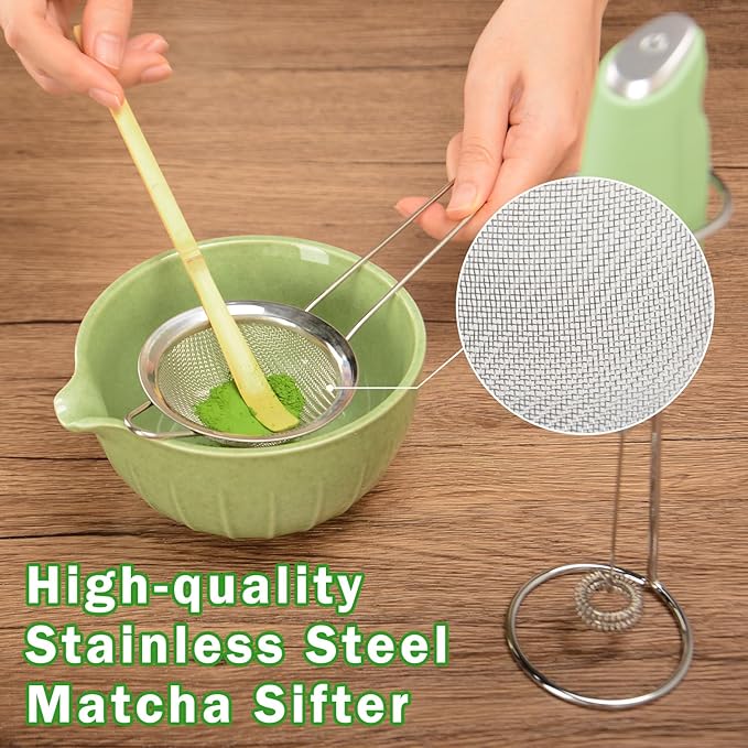 MONOJOY Electric Matcha Whisk Set 4 PCS Matcha Making Kit Powder Mixer Electric Milk Frother Traditional Tea Scoop Chashaku, Spoon, Sifter, Durable Coffee Stirrers Maker Tools Gift for Lovers Beginner