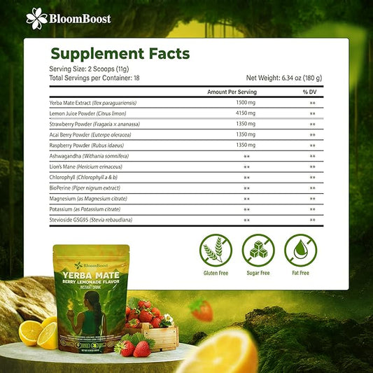 Yerba Mate Instant Tea Powder – Yerba Mate, Ashwagandha, Lion’s Mane, Chlorophyll, Berry Lemonade Flavor – 6.34 oz (18 Servings) – Sugar-Free, Gluten-Free, Superfood Energy & Focus Blend