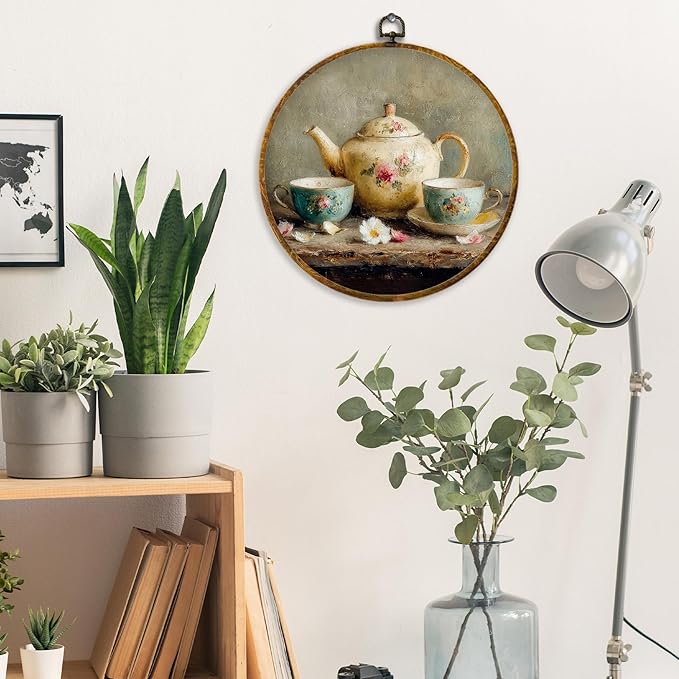 XPH Vintage Kitchen Round Wall Art Framed, Rustic Kitchen Circle Wall Decor, Farmhouse Country Tea Time Floral Teapot Hanging Canvas Prints for Kitchen Home Dining Room Decoration, 10x10 Inch