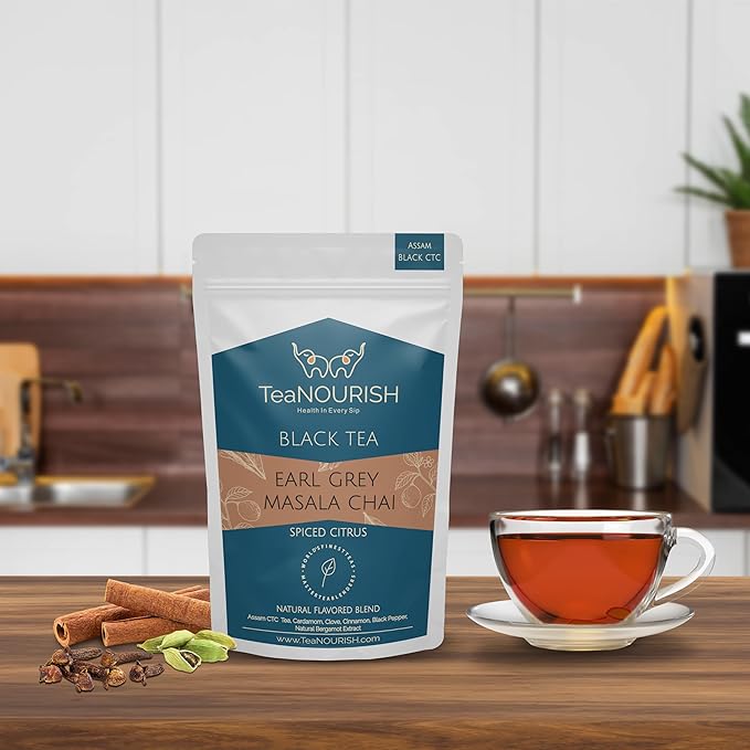 TeaNOURISH Earl Grey Masala Chai Tea | Spiced Citrus | Blend of Assam CTC, Cardamom, Cinnamon, Black Pepper, Clove, Natural Bergamot Extract | 100% NATURAL - 3.53oz/100g