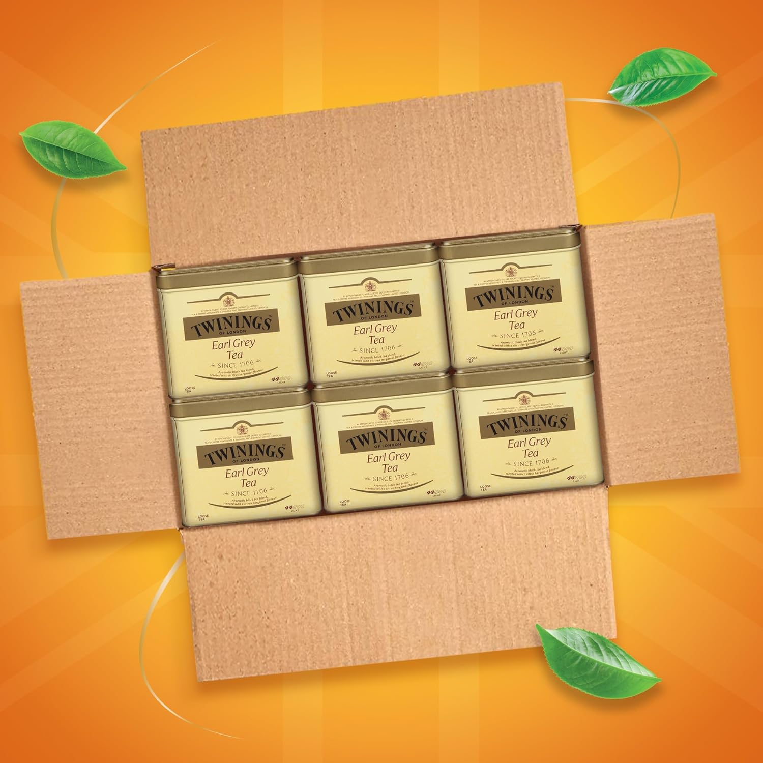 Twinings Earl Grey Loose Tea Tins, Pack of 6, 7.05 Ounce Tins, Black Tea Flavoured with Citrus and Bergamot, Caffeinated