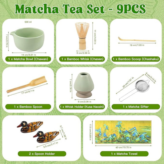 Matcha Whisk Set, 9PCS Ceramic Matcha Tea Set Includes Bowl, Whisk and Holder, Bamboo Scoop, Scoop Rest