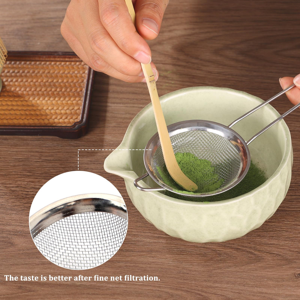 Boosolo Matcha whisk Set,Japanese Matcha Set,Matcha Bowl with Spout,Matcha Whisk and Holder,Bamboo Scoop,Sifter - 6 Pcs Tea