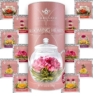 Teabloom Heart-Shaped Flowering Teas – 12 Assorted Blooming Tea Flowers – Green Tea + Jasmine, Pomegranate, Strawberry, Rose, Litchi & Peach