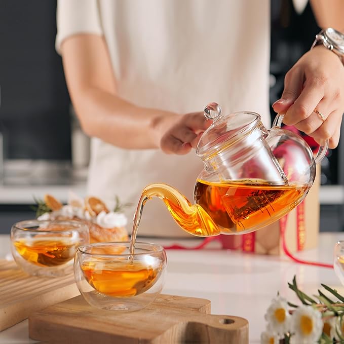 Cnglass Glass Teapot Set,20oz Clear Tea Pot with 4 Double Wall Teacups,Stovetop Safe Tea Kettle,Blooming Loose Leaf Tea Maker Gift