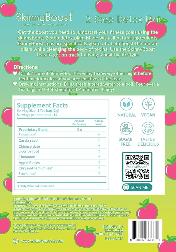 Skinny Boost Evening Detox Tea-APPLE Cinnamon -14 Tea Bags Total, Supports Detox and Cleanse, Reduce Bloating, 100% All Natural, Vegan, Non GMO