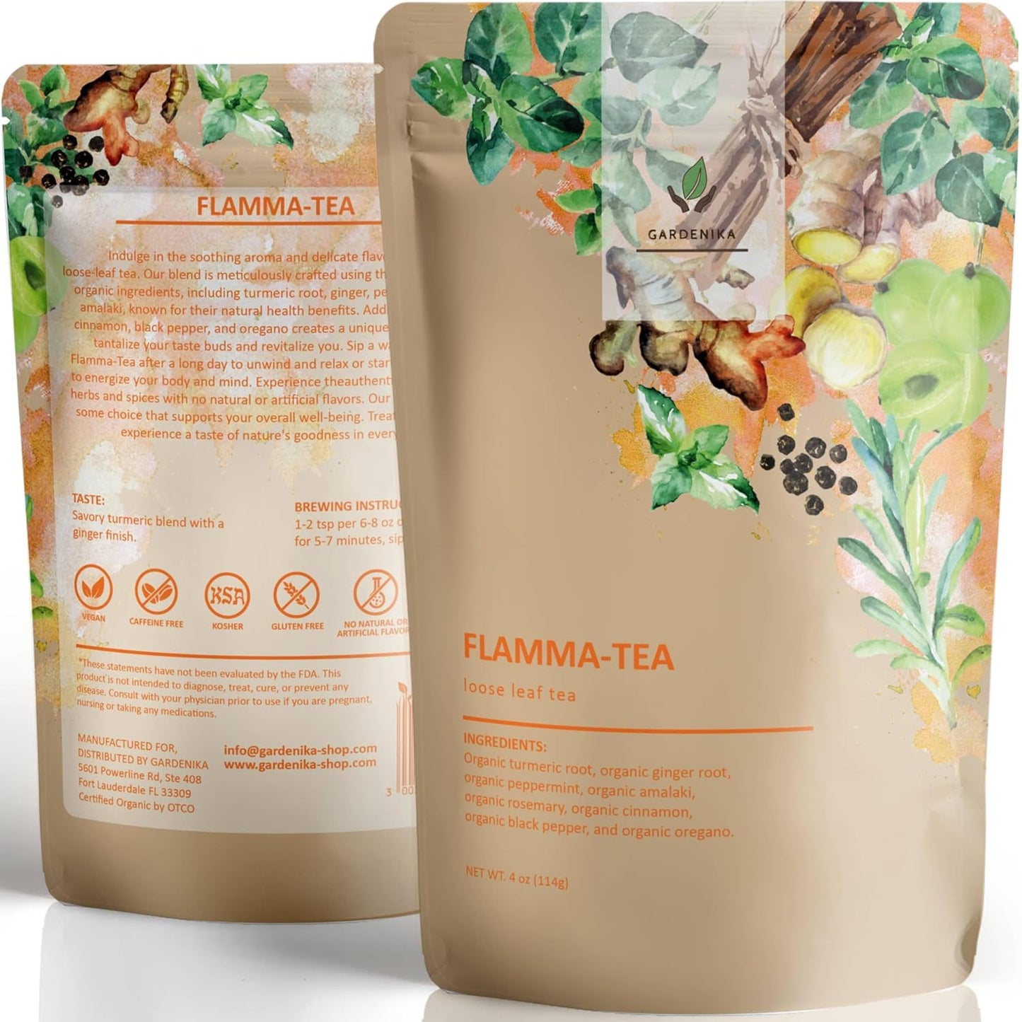 Gardenika Organic Flamma-tea Loose Leaf Tea | Premium Turmeric Ginger Blend with Cinnamon, Peppermint &amp; Black Pepper | 100% Natural, Caffeine Free Herbal Wellness Tea | 4oz (113g)