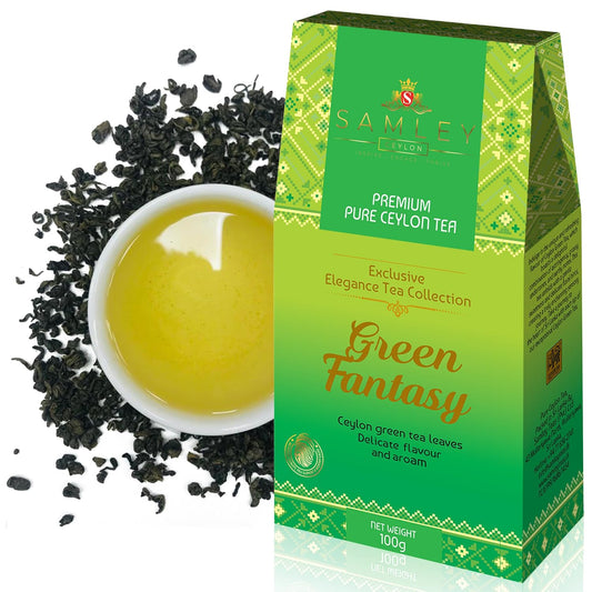 SAMLEY CEYLON - Green Tea Loose Leaf - Ceylon Tea Premium Green Tea - Mountain Fresh Sri Lanka Pure Fantasy Blend - Loose Leaf Specialty Grade Authentic Quality - 3.5oz Package