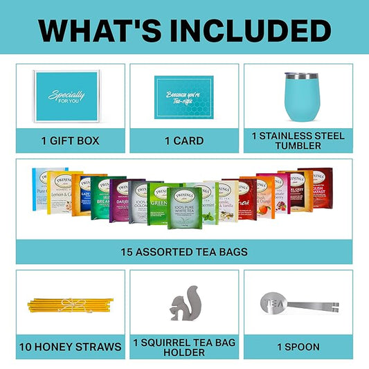 Modern Elegance Tea Tumbler Gift Set – Includes Tea Bag Holder, Spoon, Honey Straw, 15 Assorted Flavor Blends & Hot & Cold 12oz Insulated Tumbler – Ideal for Holiday Gift for Tea Lovers – Teal