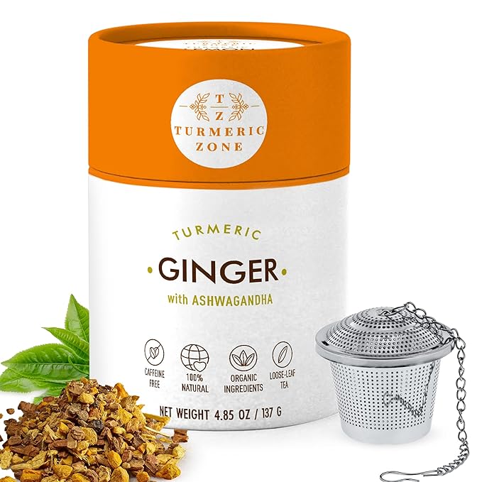 Turmeric Zone Organic Turmeric Ginger Ashwagandha Decaf Tea made with Turmeric Root, Ginger Root, Ashwagandha Root, Cinnamon, Black Pepper - 4.85 oz