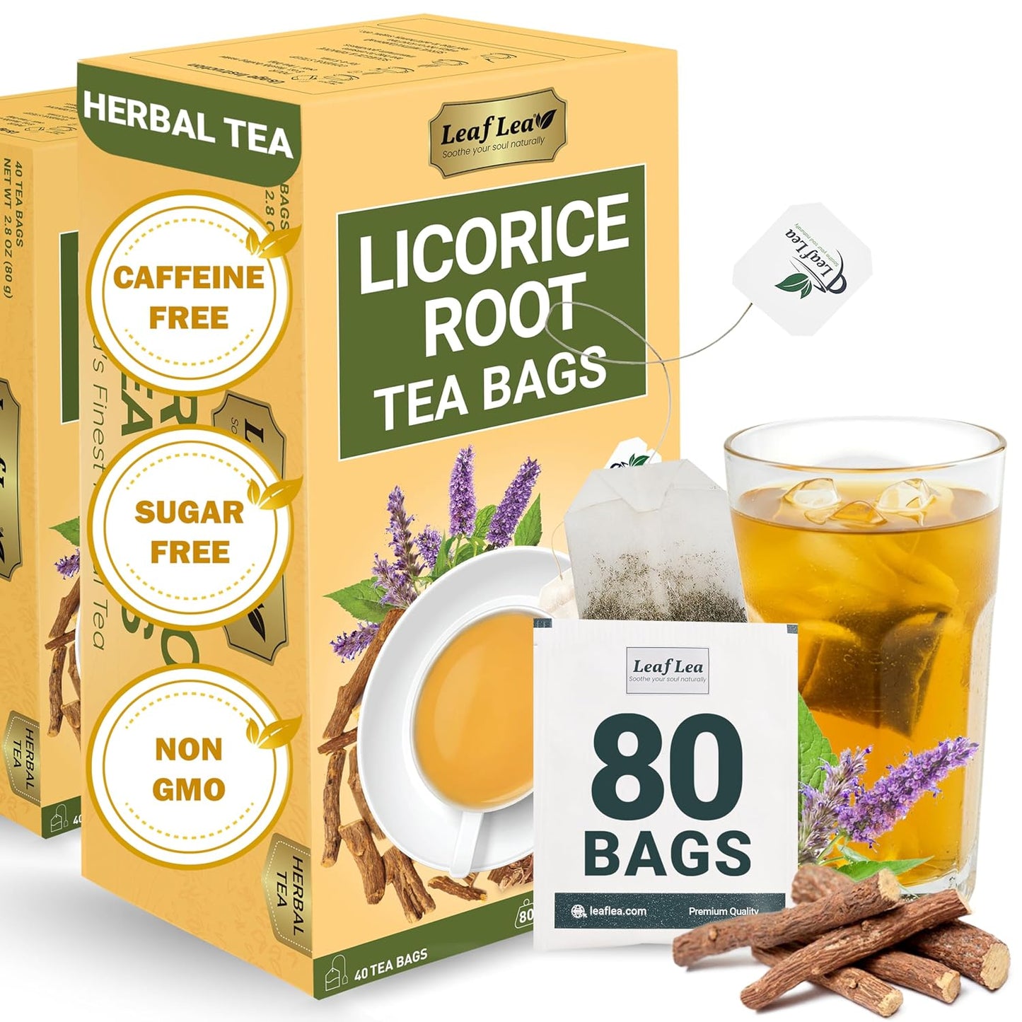 LeafLea Licorice Root Tea Bags, Caffeine-Free Liquorice Tea, 80 Count | Naturally Sweet Black Licorice Spice, 100% Pure Single Ingredient, Sugar-Free, Foil-Wrapped Freshness