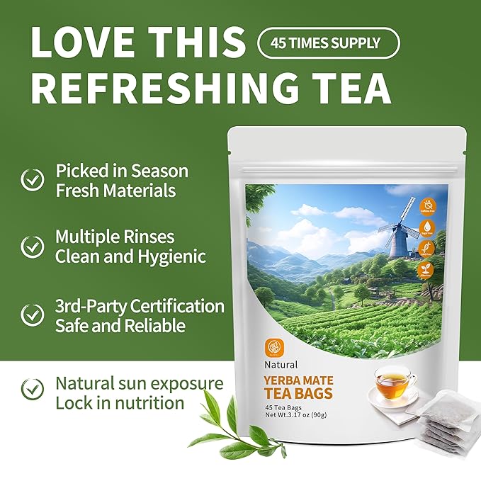 Yerba Mate Tea Bags 45 Tea Bags Organic -Supports Cardiovascular & Digestive Systems, Keep youth，with Madein.